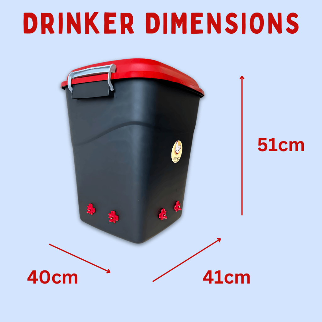 Diagram showing 50 litre poultry nipple drinker dimensions of 51cm high, 40cm wide and 41cm deep
