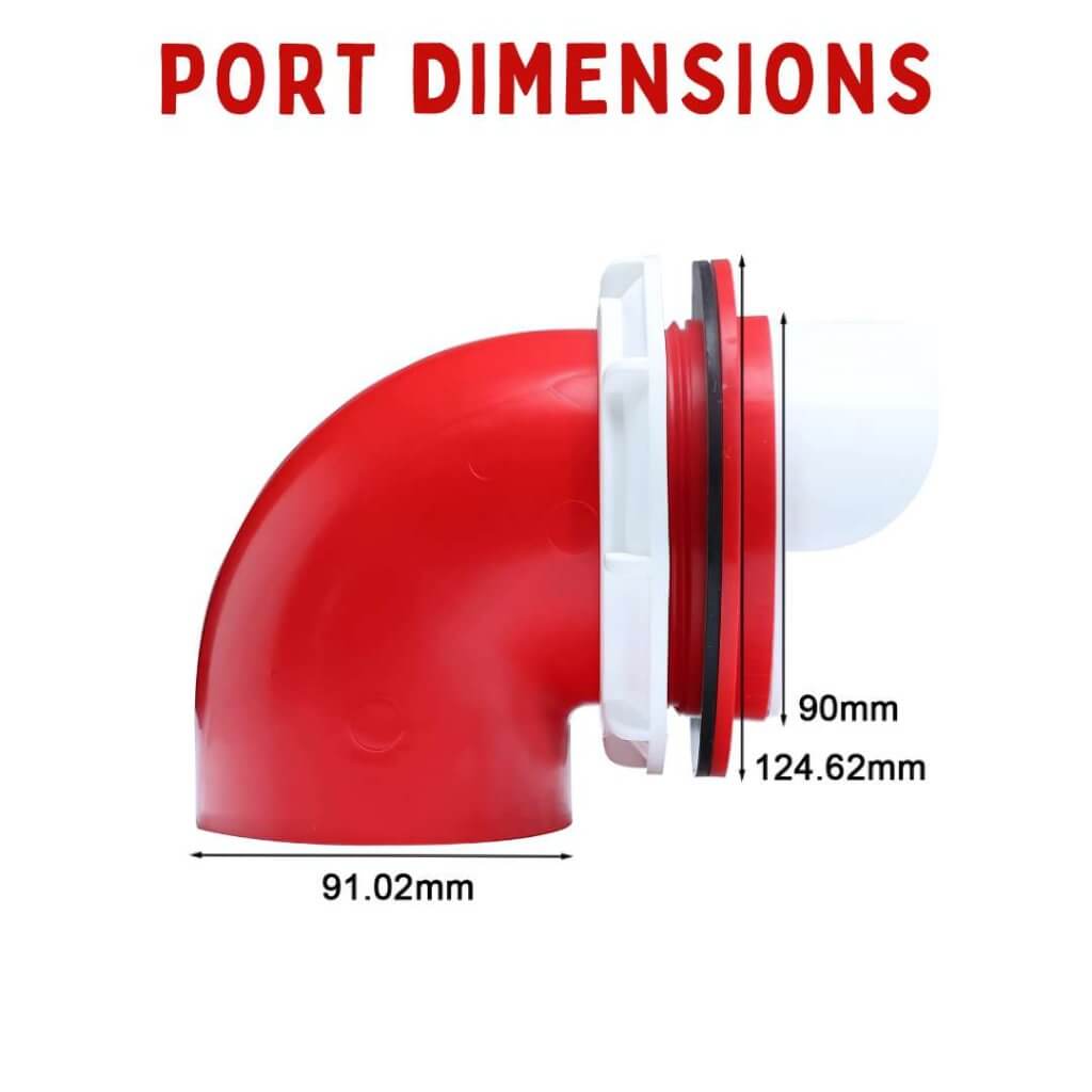 Port dimensions diagram for a chicken feeder, showing a 90mm tunnel opening and depth measurements