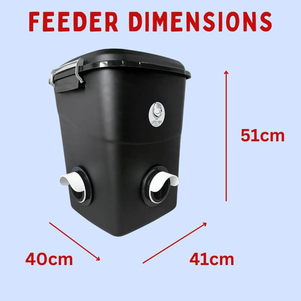 Diagram showing the dimensions of the Mega 50 litre chicken feeder, measuring 51cm high, 40cm wide and 41cm deep