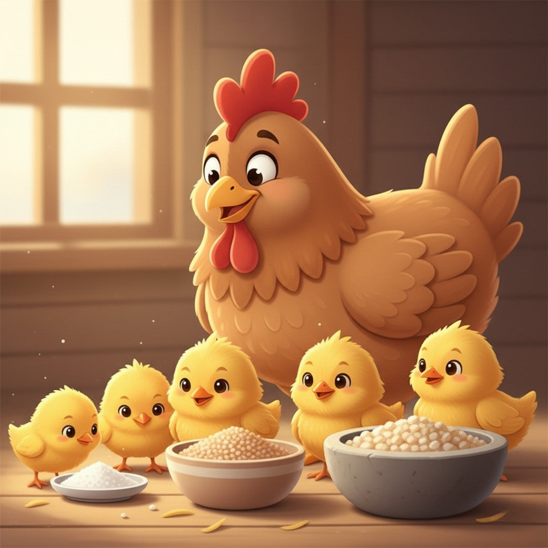 Cartoon mother hen with chicks beside different grit sizes for chicks, growers, and adults.