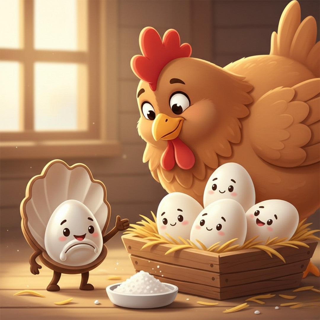 Cartoon hen inspecting eggs with different shell strengths and a friendly oyster shell character nearby.
