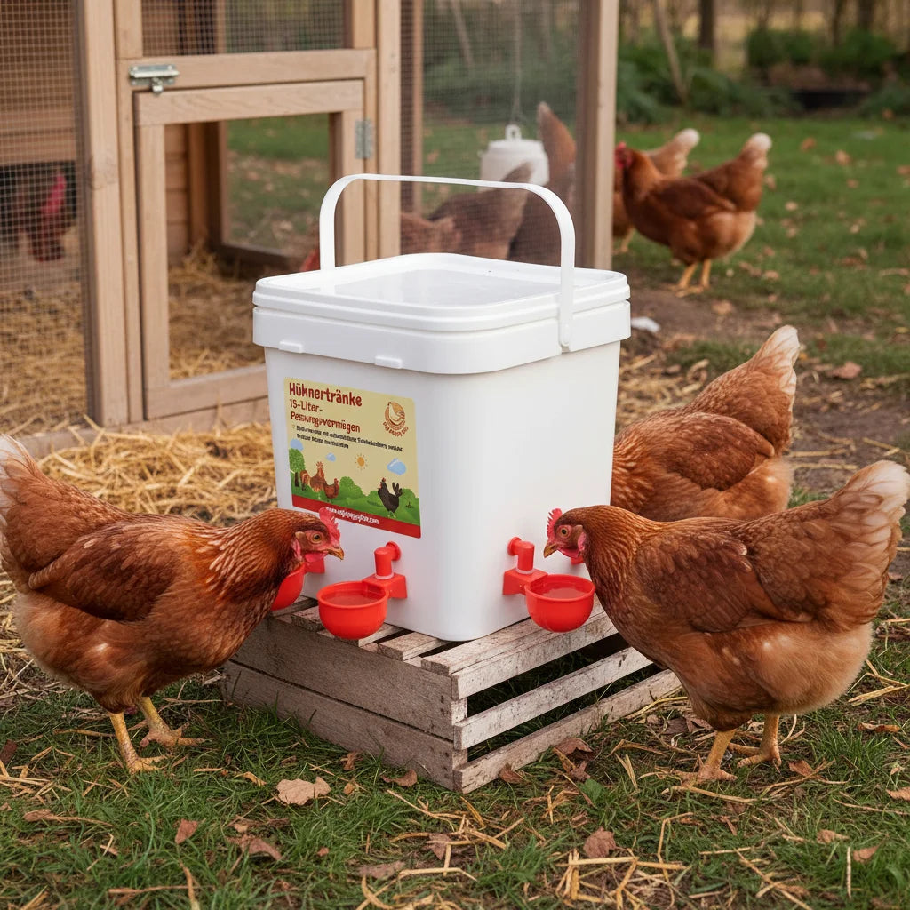 Hens around a white water feeder with red cups in a chicken coop