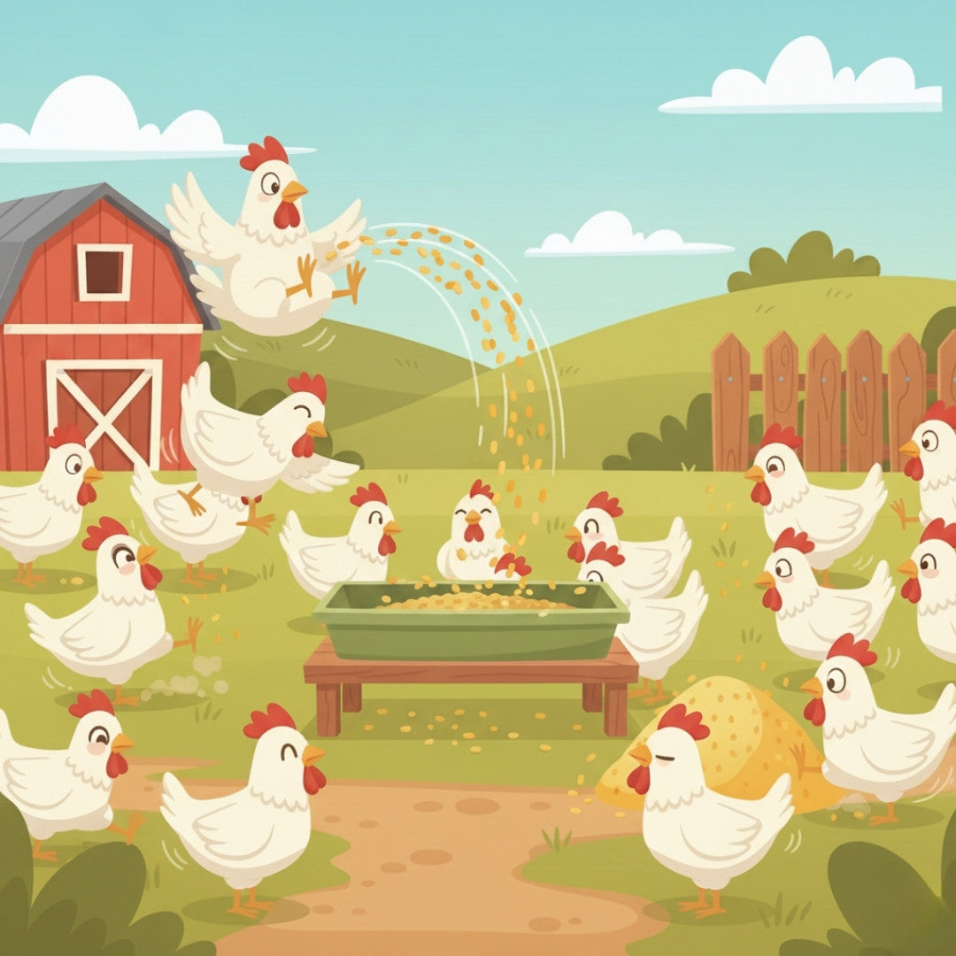 Cartoon illustration of chickens on a farm with a red barn and green fields.