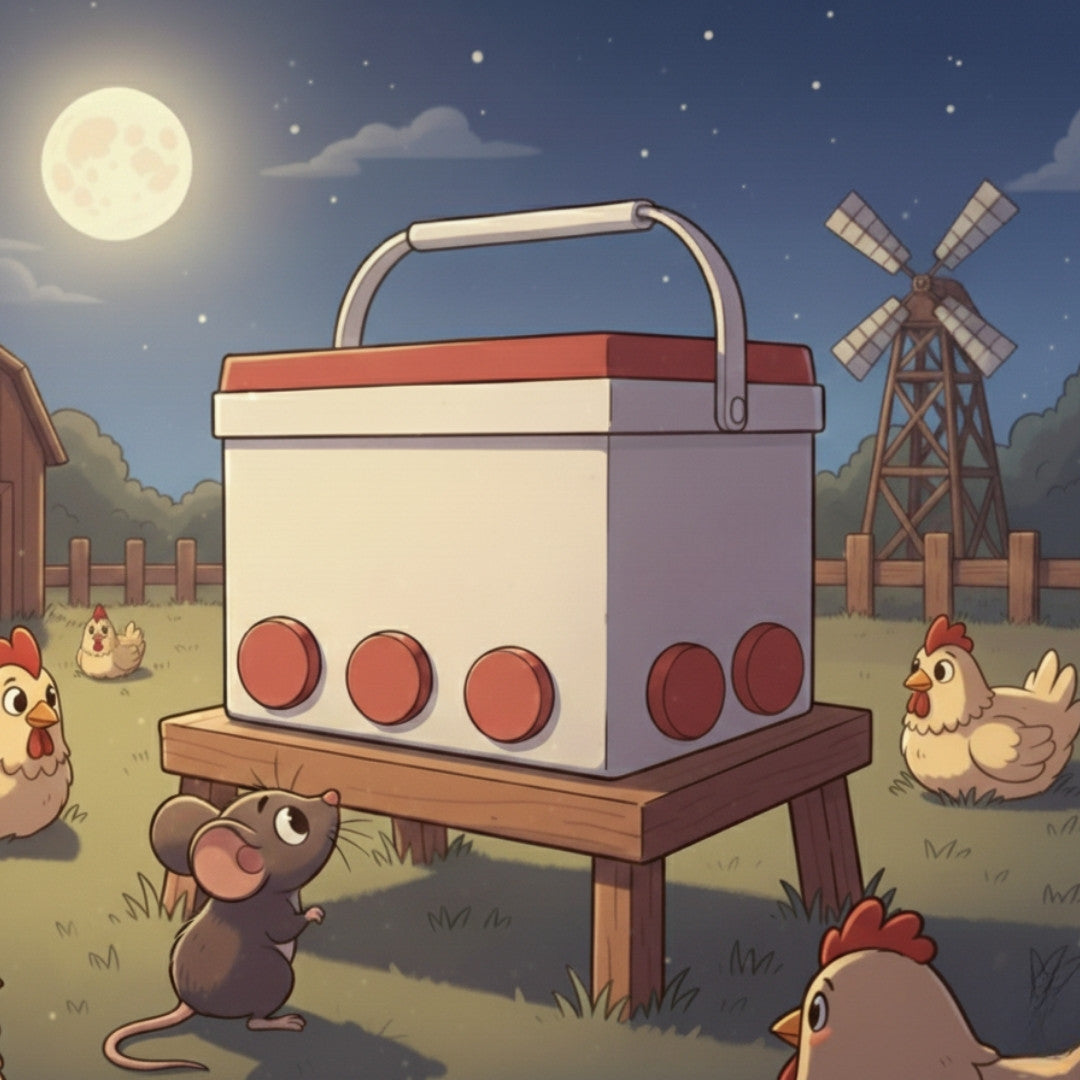 Cartoon nighttime farm scene with feeder ports plugged and a small mouse unable to access the feed while chickens rest nearby.