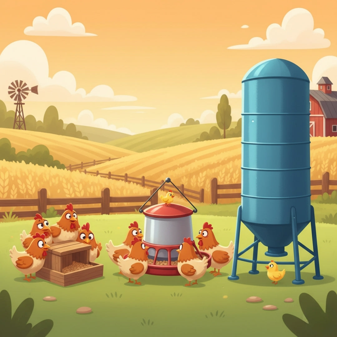 Cartoon scene showing chickens with three different feeder sizes, highlighting the idea of choosing the right feeder capacity for the flock.
