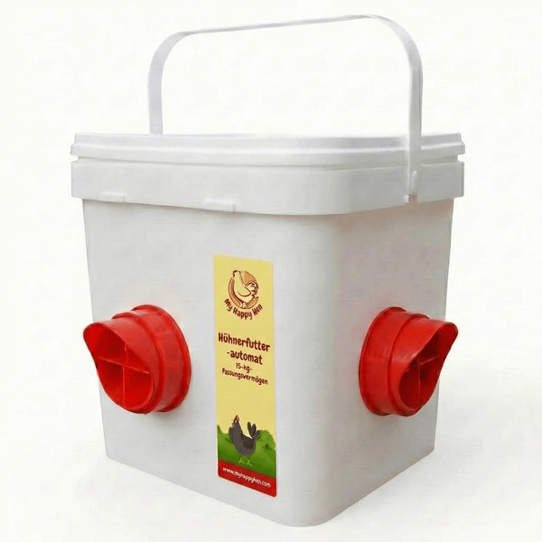 chicken feeder with red ports with rain hoods and blockers on white background