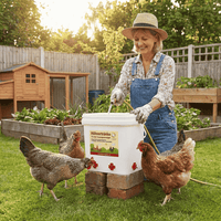 Woman in a garden with chickens around a white container labeled 'Hühnerfutter'