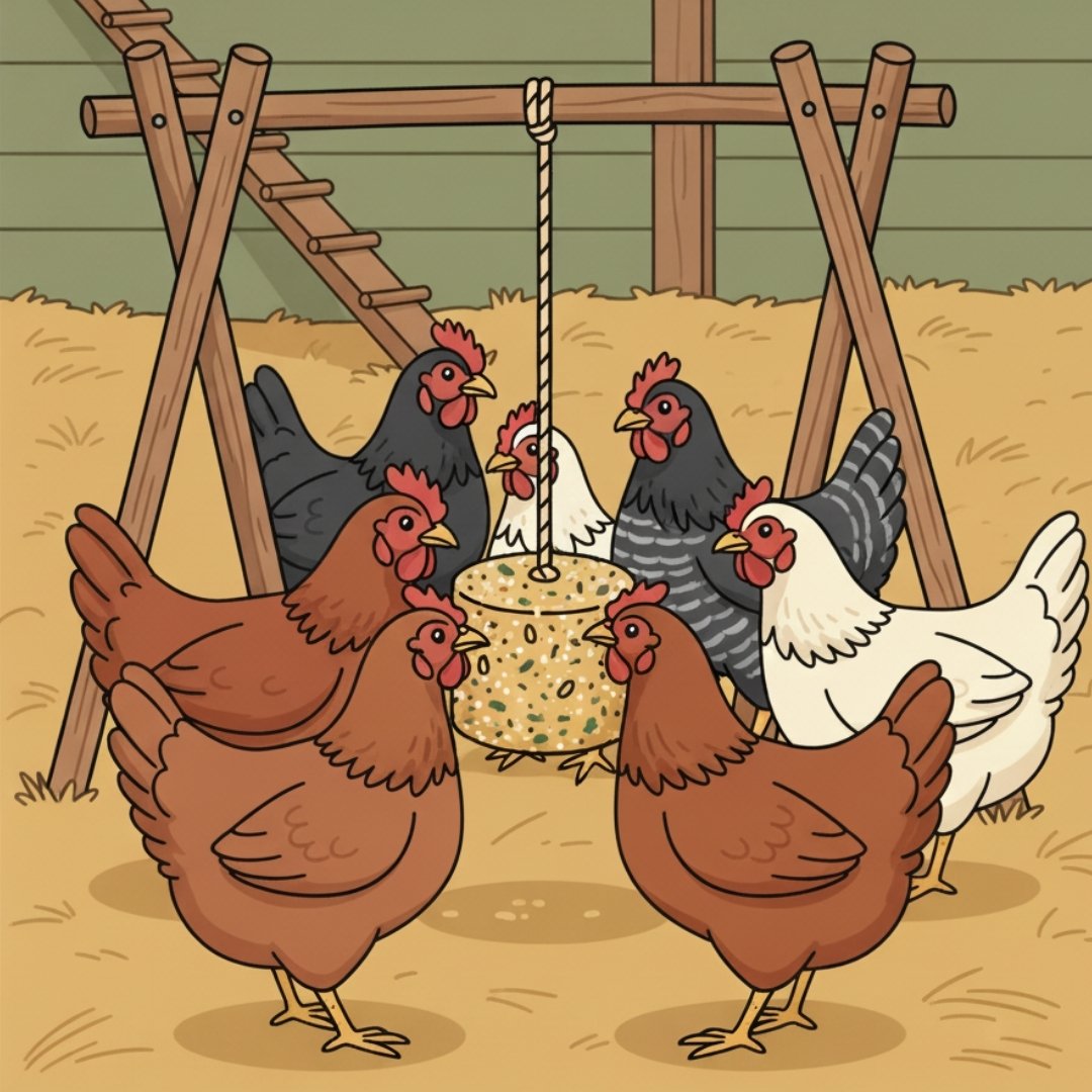 Cartoon-style illustration of hens calmly pecking at a hanging pecking block inside a tidy coop run.
