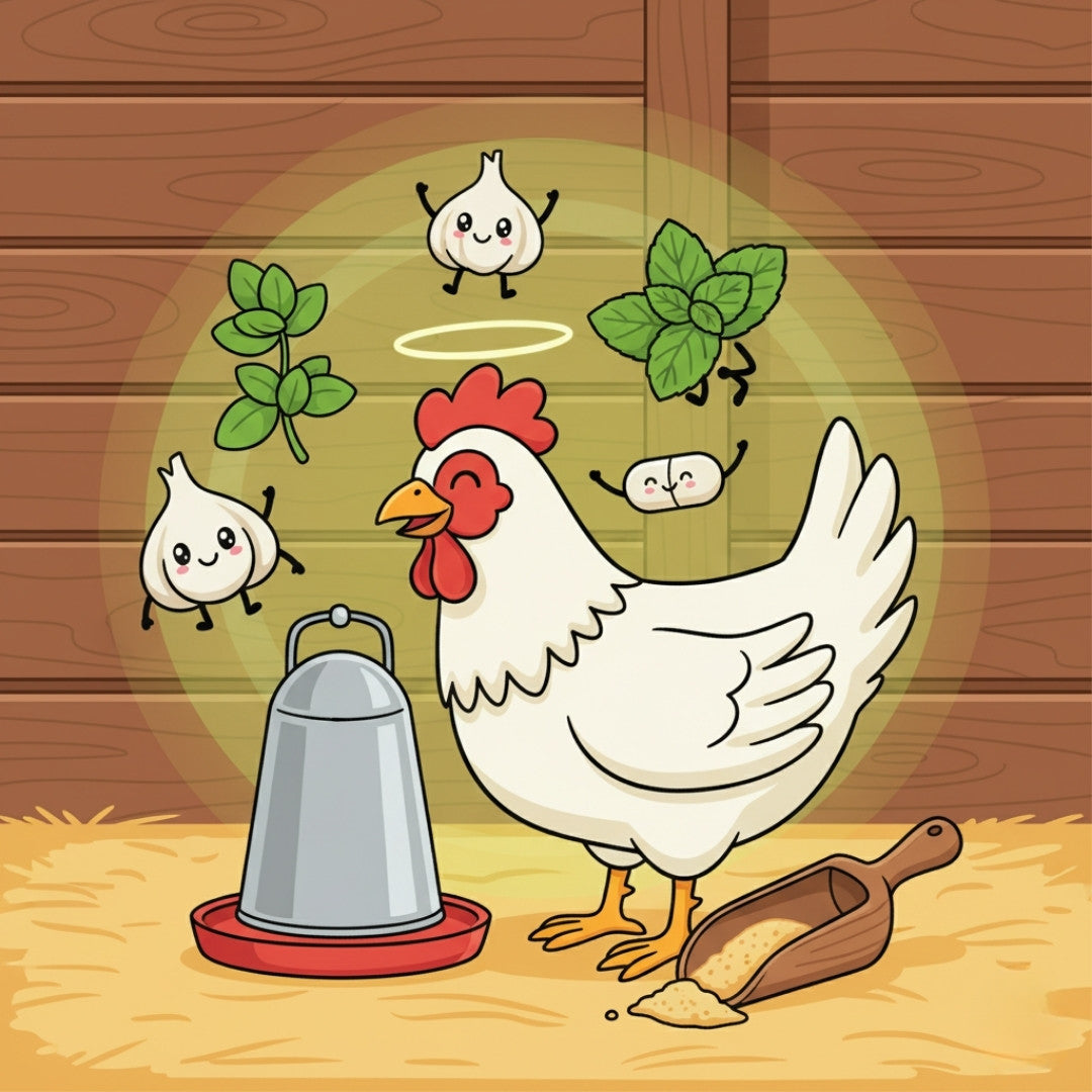 Cartoon hen relaxing near friendly herb and probiotic characters around a feeder and drinker.