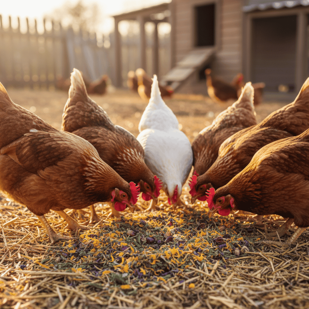 Hens and a rooster eating on a farm with a barn in the background