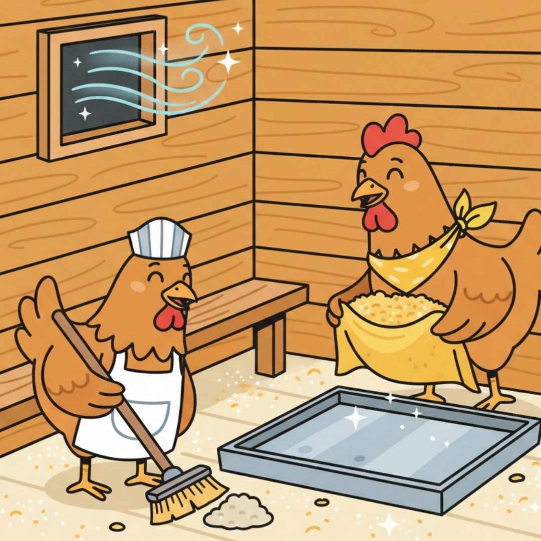 Cartoon hens tidying a clean coop with fresh bedding, a broom, and clear airflow from a wall vent