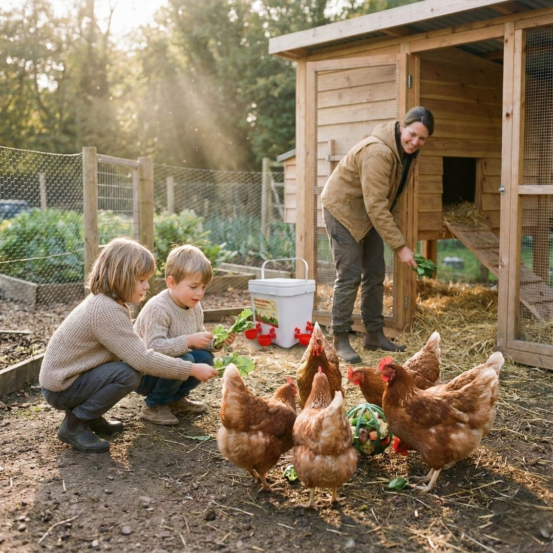 Woman and children with chickens near a wooden chicken coop in an outdoor setting.
