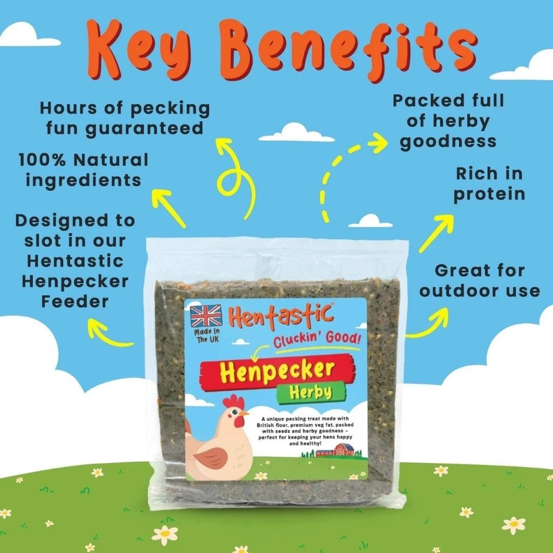 Packaging of Henfastic Henpecker Herby with key benefits listed on a blue sky and green grass background.