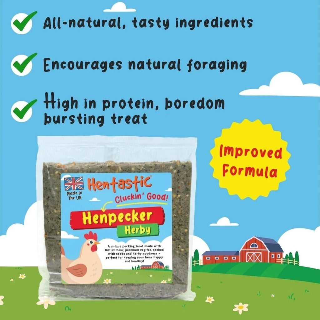 Package of Henpecker Herby with promotional text about its benefits on a farm background
