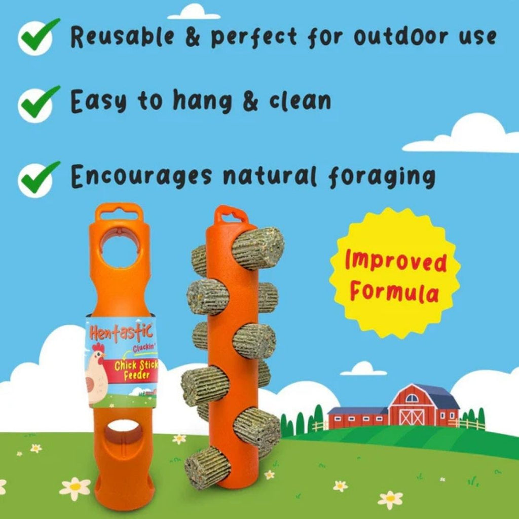 Hentastic Chick Stick Feeder comparison showing empty and loaded feeder with improved formula herbal chicken treats