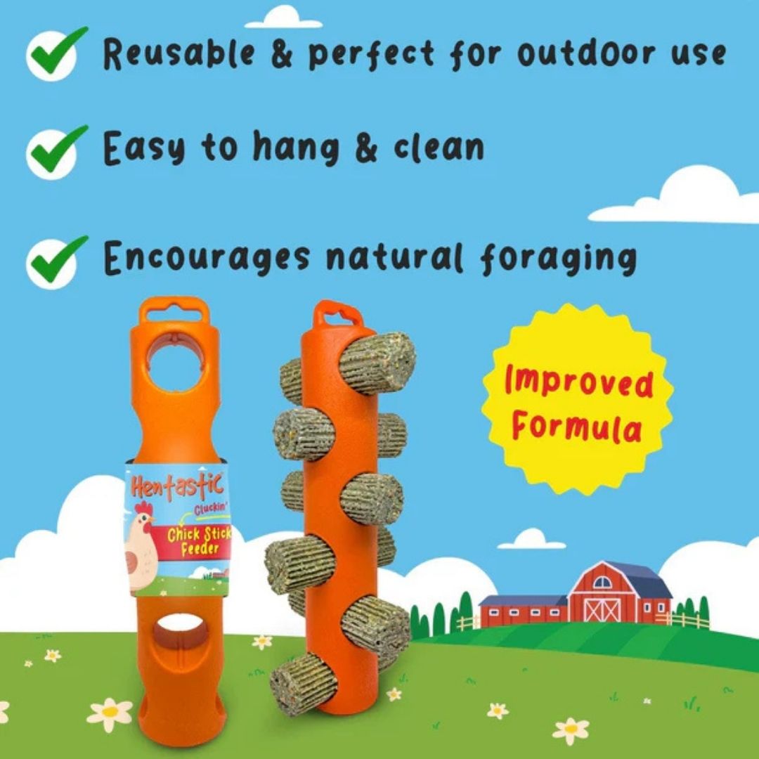 Hentastic Chick Stick Feeder comparison showing empty and loaded feeder with improved formula herbal chicken treats