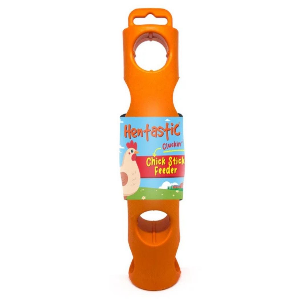 Empty Hentastic Chick Stick Feeder in orange showing durable weather-resistant design for outdoor chicken entertainment