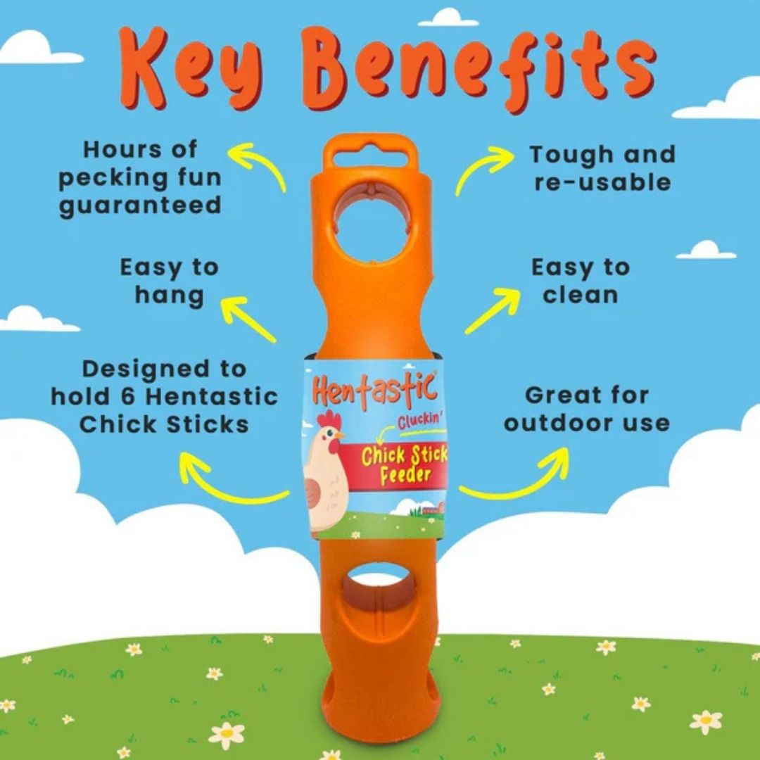 Hentastic Chick Stick Feeder benefits showing tough reusable design, easy to hang and clean, holds 6 treat sticks for chickens