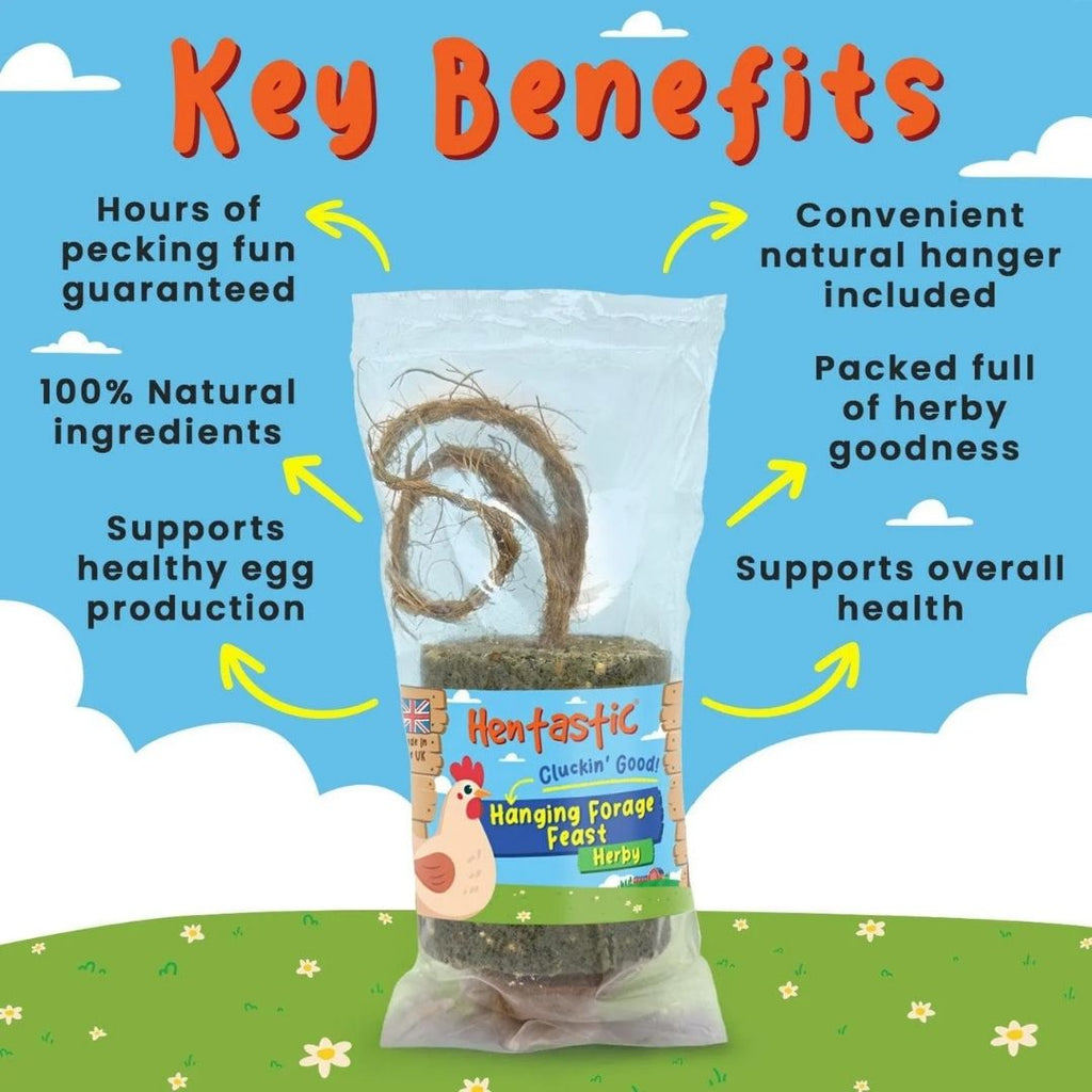 Hentastic Hanging Forage Feast Herbs packaging with key benefits listed on a cartoon sky and grass background.