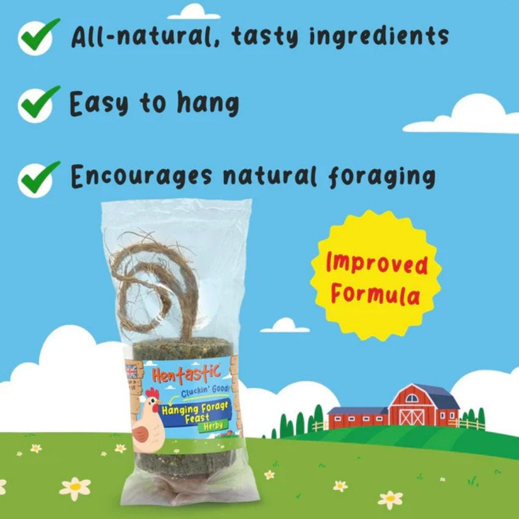 Hanging forage treat with text about its features on a cartoon farm background