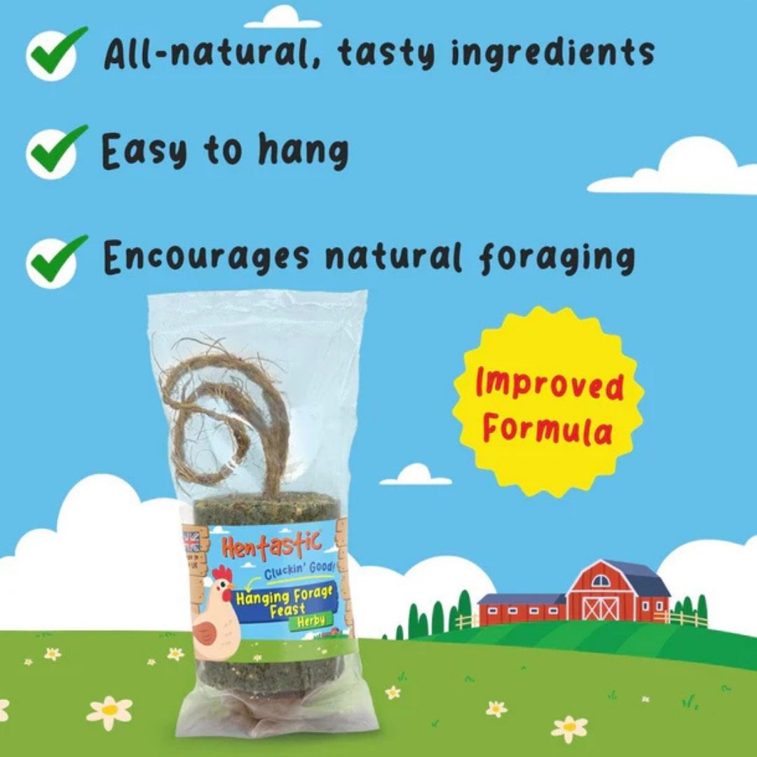 Hanging forage treat with text about its features on a cartoon farm background