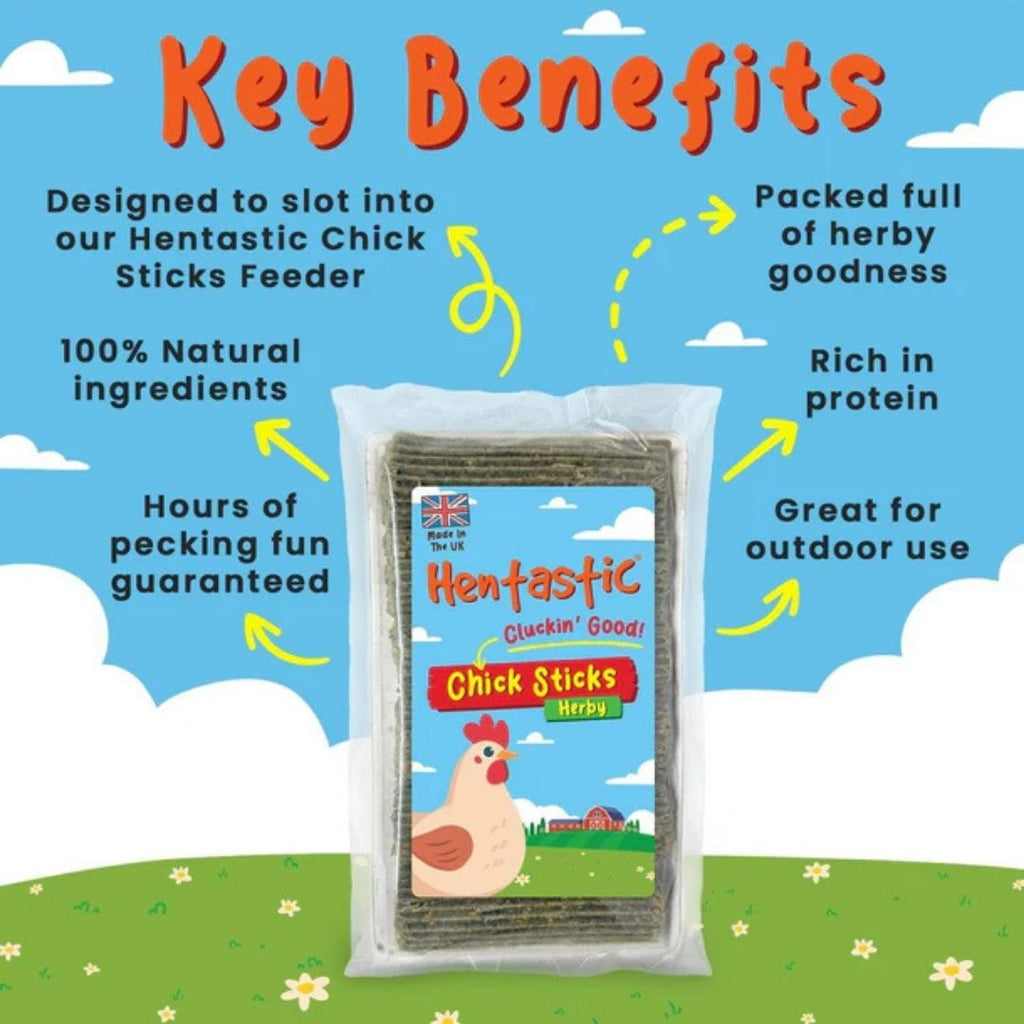 Hentastic Herbal Chick Sticks 6 pack showing key benefits including natural ingredients, high protein and hours of pecking fun for chickens