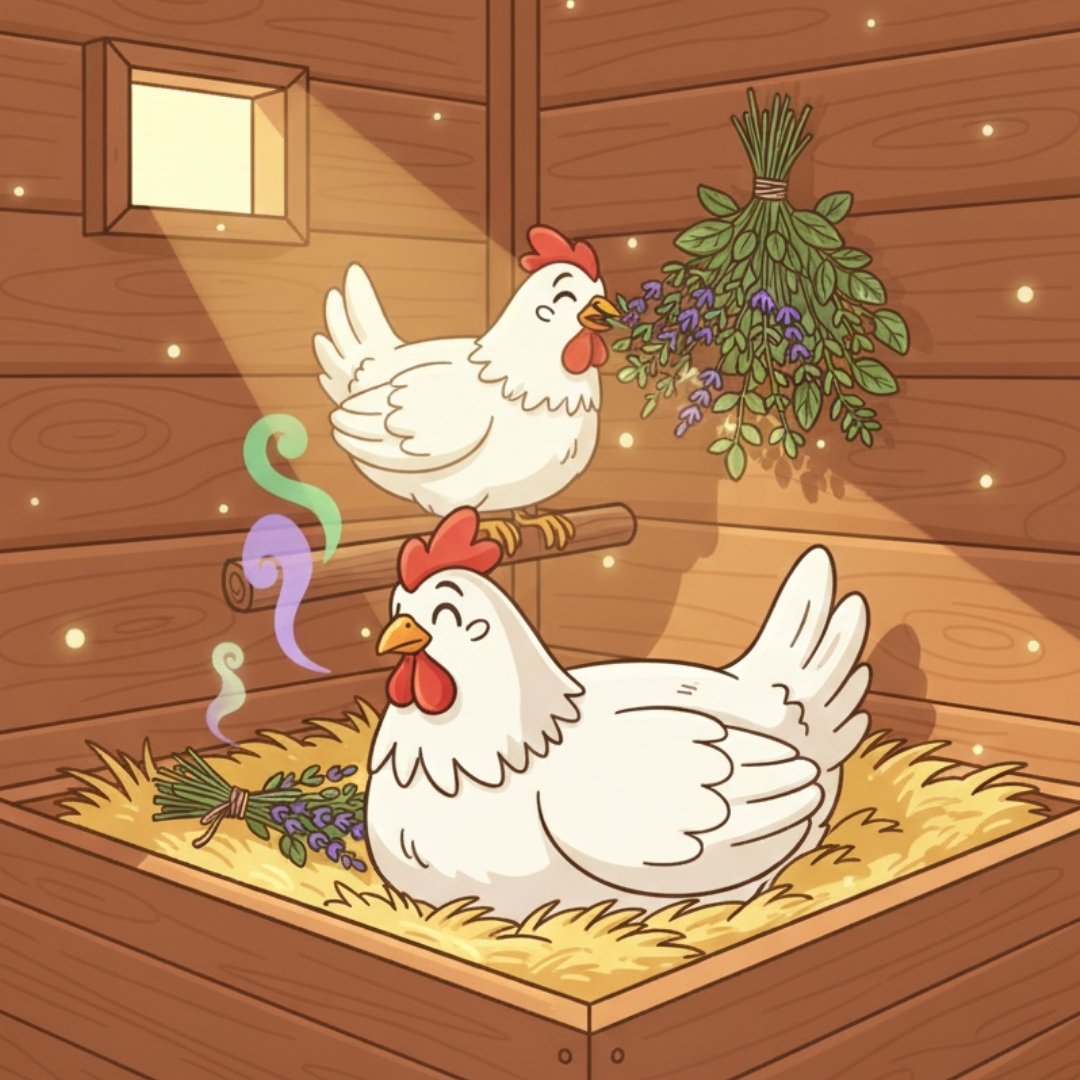 Cartoon hen resting in a nest box filled with aromatic dried herbs and another hen pecking a hanging herb bunch.
