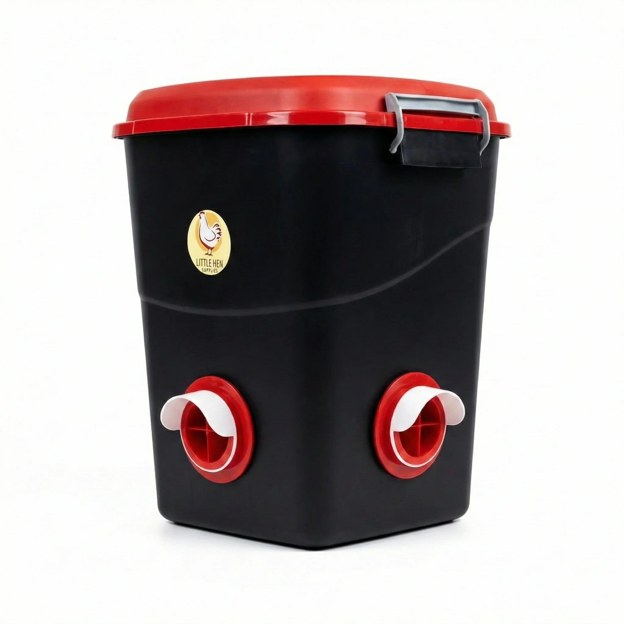 Mega 4 port chicken feeder with 50 litre capacity, featuring waste-reducing feeder ports and weatherproof lid