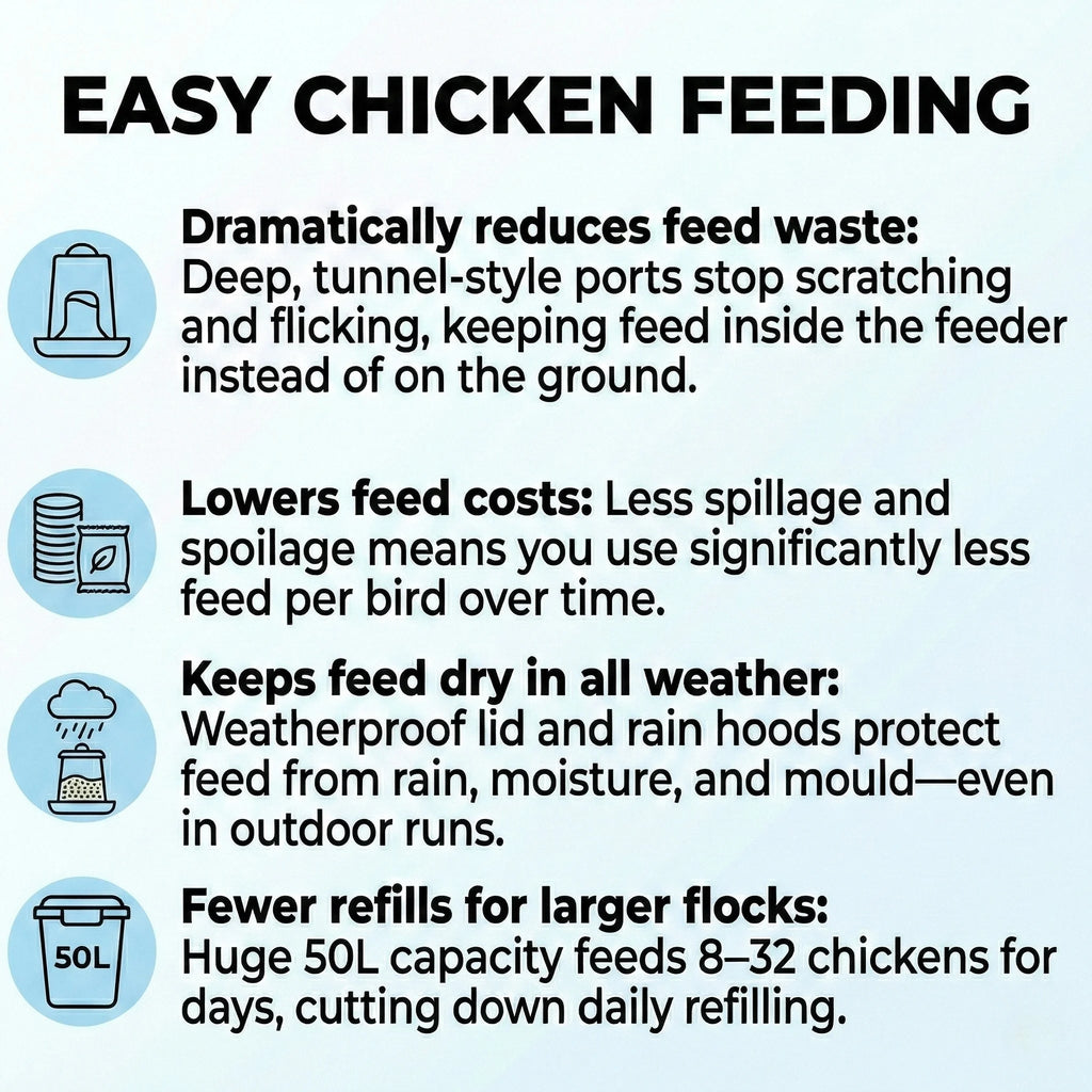 Infographic showing how a 50 litre chicken feeder reduces waste, keeps feed dry and cuts refilling