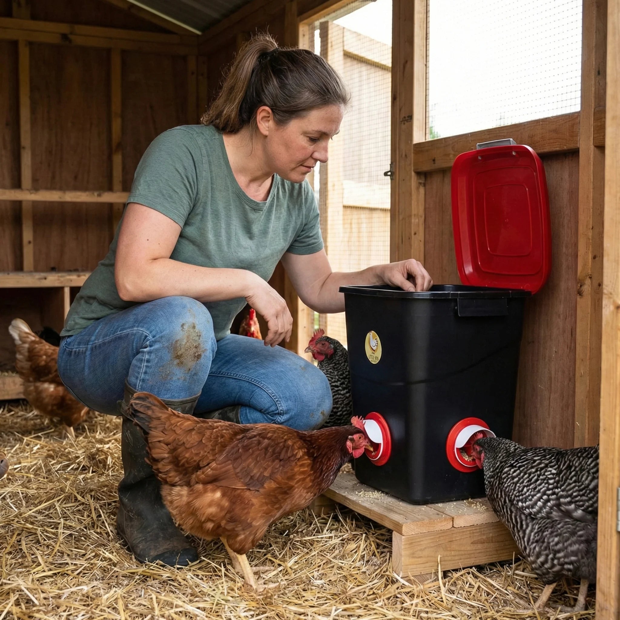 Woman refilling a 50 litre 4 port chicken feeder inside a coop while chickens eat from the feeder