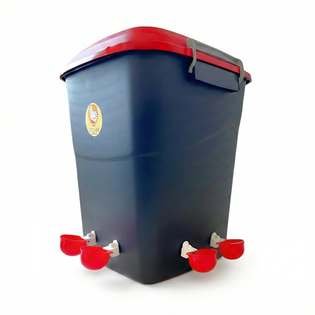 Large capacity chicken water feeder with eight float cups and top refill lid for backyard flocks