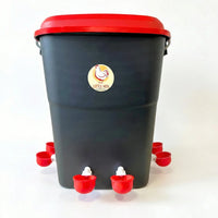 50 litre automatic chicken drinker with eight red cups, designed for large flocks and easy refilling