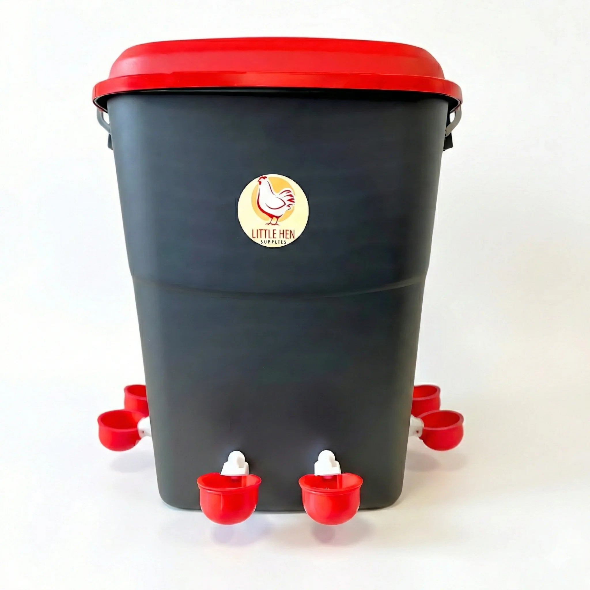 50 litre automatic chicken drinker with eight red cups, designed for large flocks and easy refilling