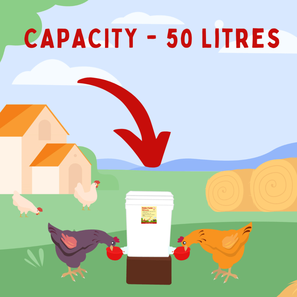 Illustration showing the Mega Chicken Drinker with a 50 litre water capacity suitable for larger chicken flocks