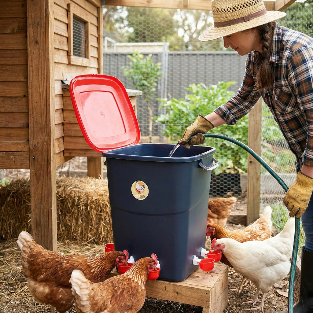 Chicken keeper refilling a large capacity automatic chicken drinker while hens drink from the cups in a backyard coop
