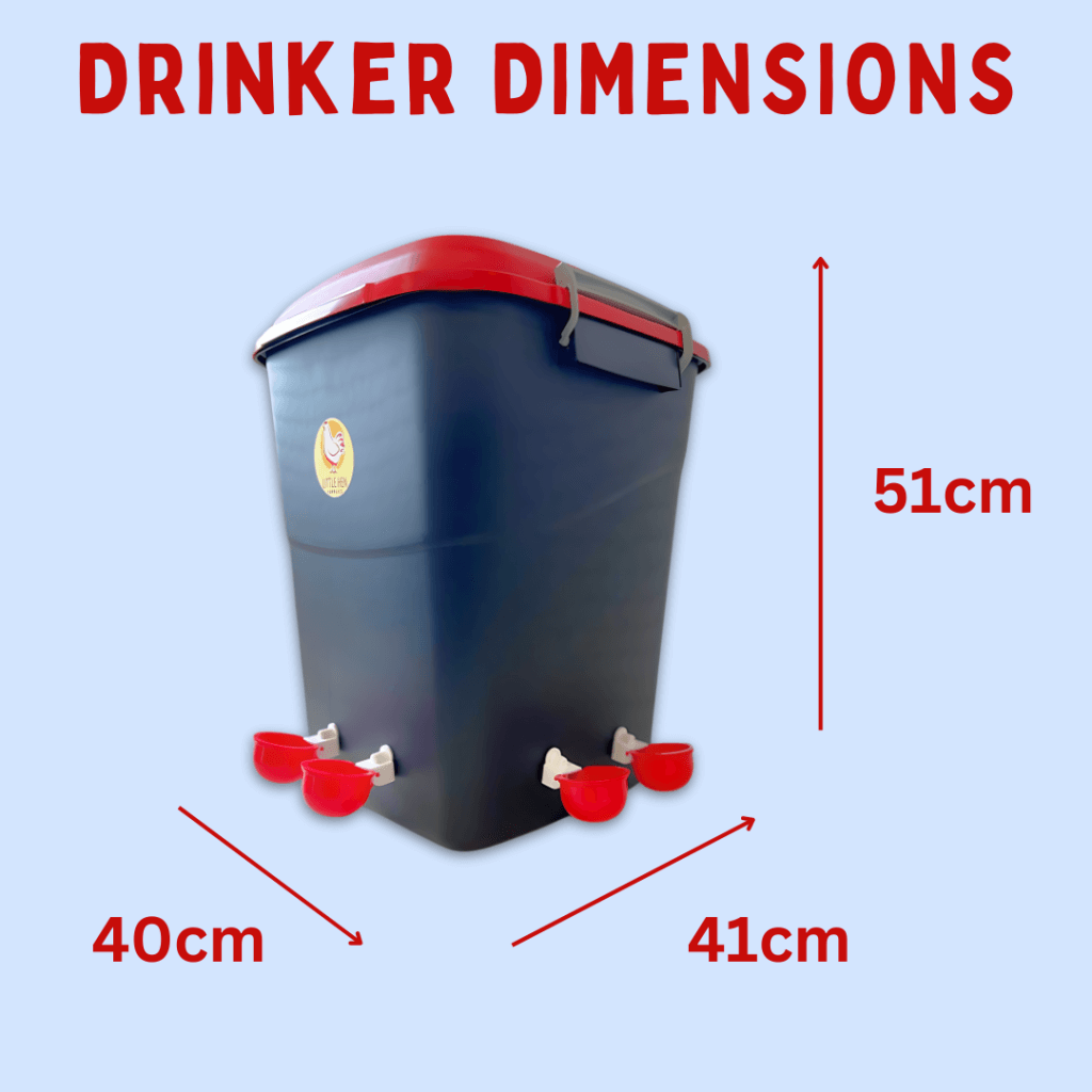 Diagram showing Mega Chicken Drinker dimensions of 51cm high, 40cm wide and 41cm deep