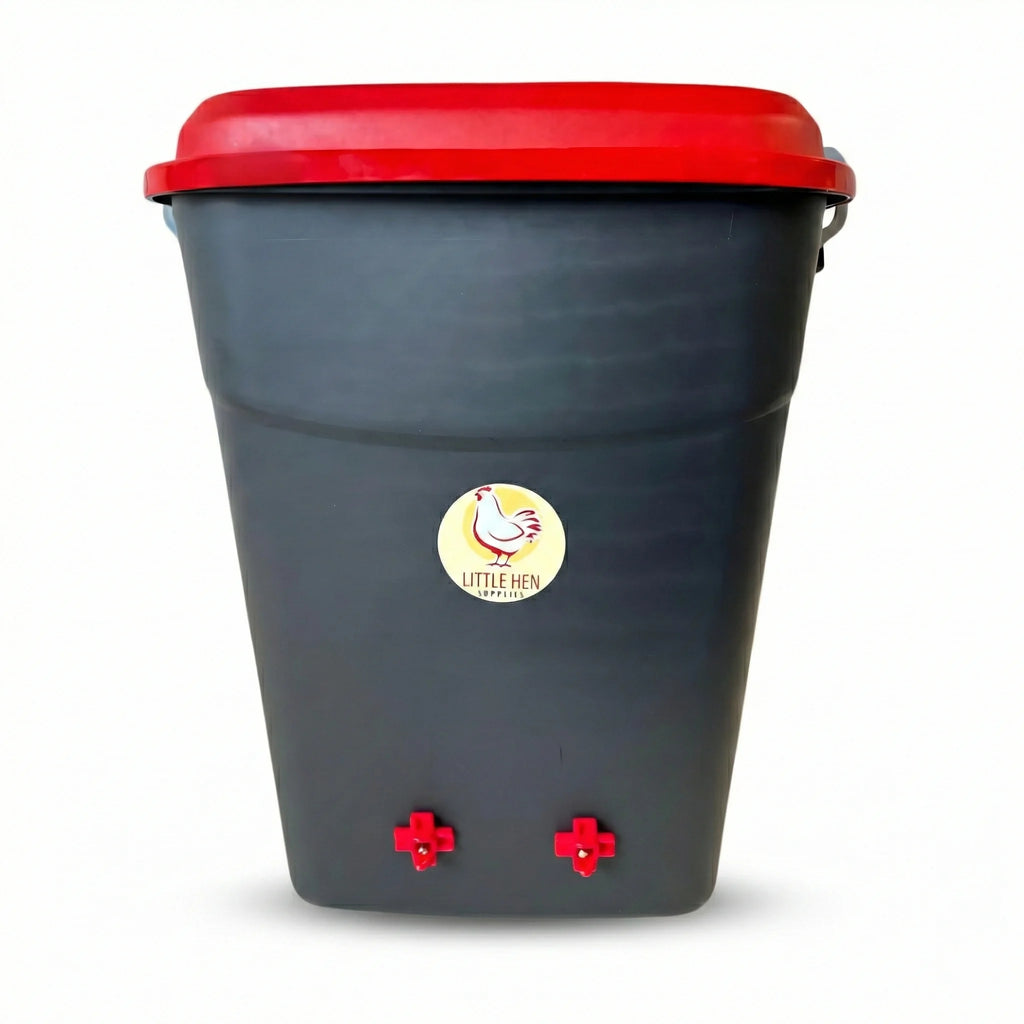 Front view of a large capacity 50 litre nipple drinker designed for poultry flocks