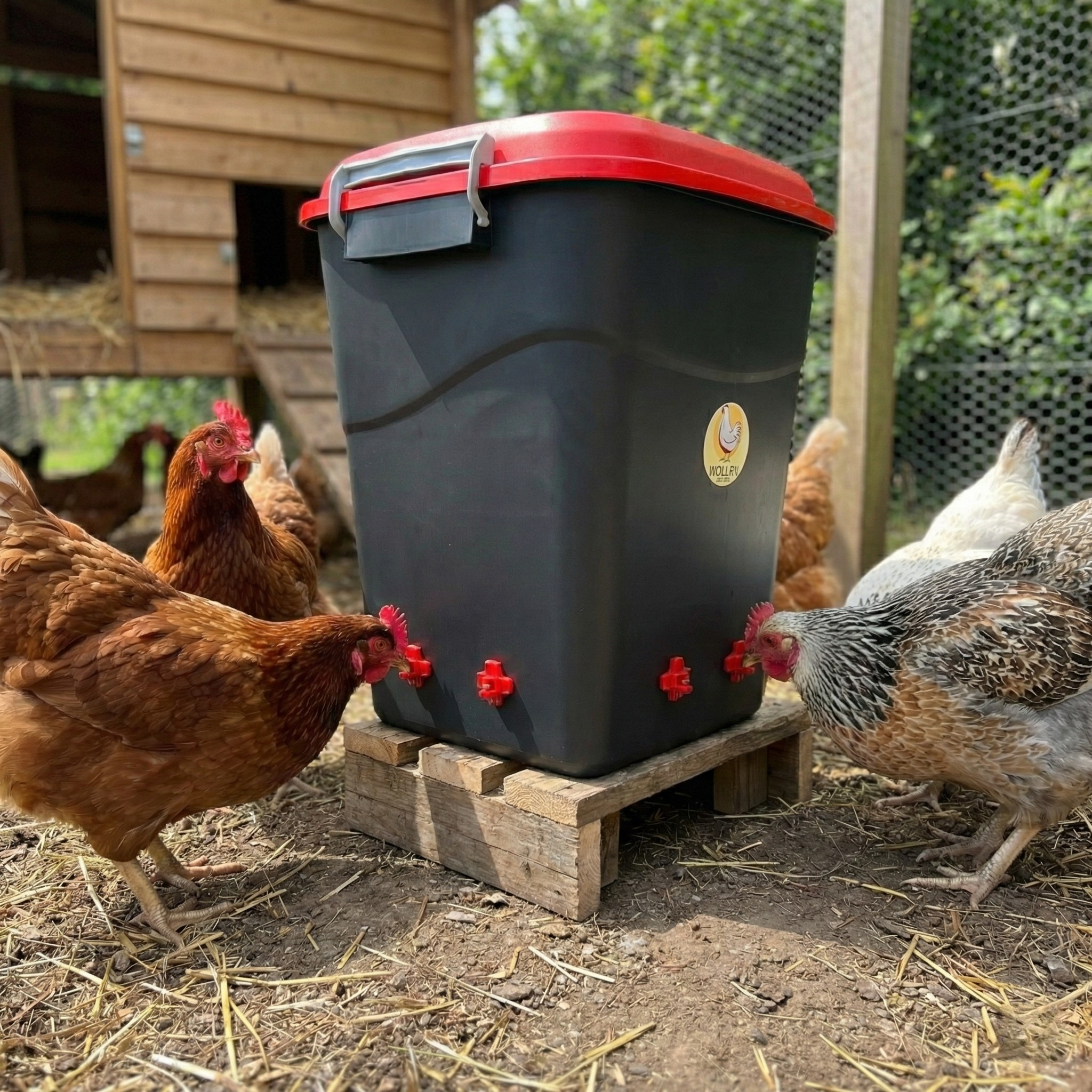 Chickens drinking from a 50 litre nipple drinker positioned on a raised platform inside a chicken run