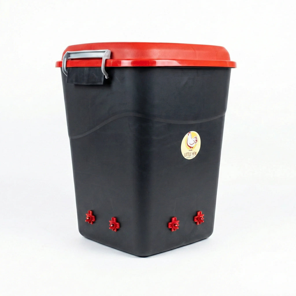 50 litre poultry nipple drinker with red lid and multiple drinking points for chickens