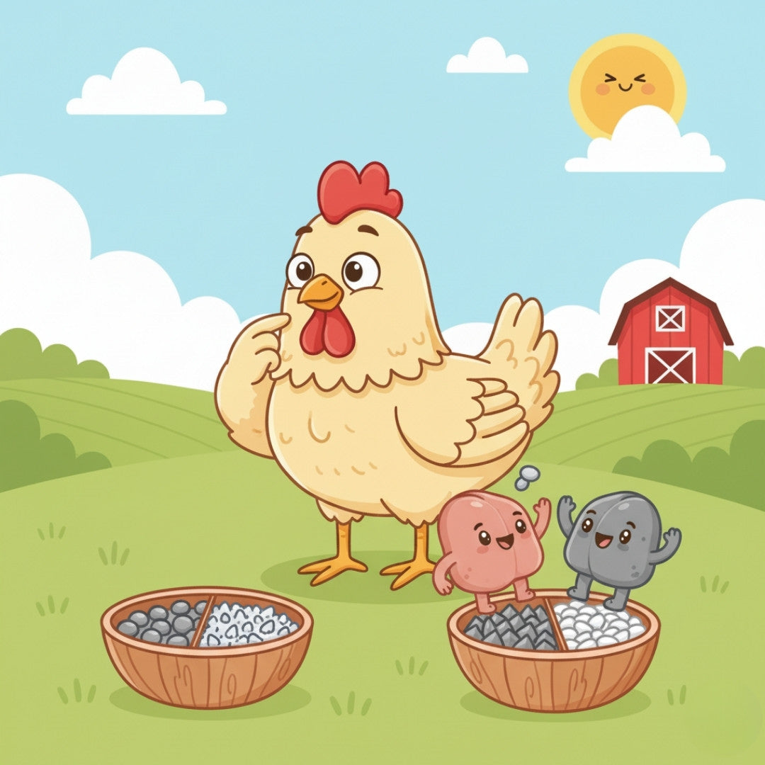 Cartoon hen choosing between a mixed grit bowl and separate flint grit and oyster shell containers
