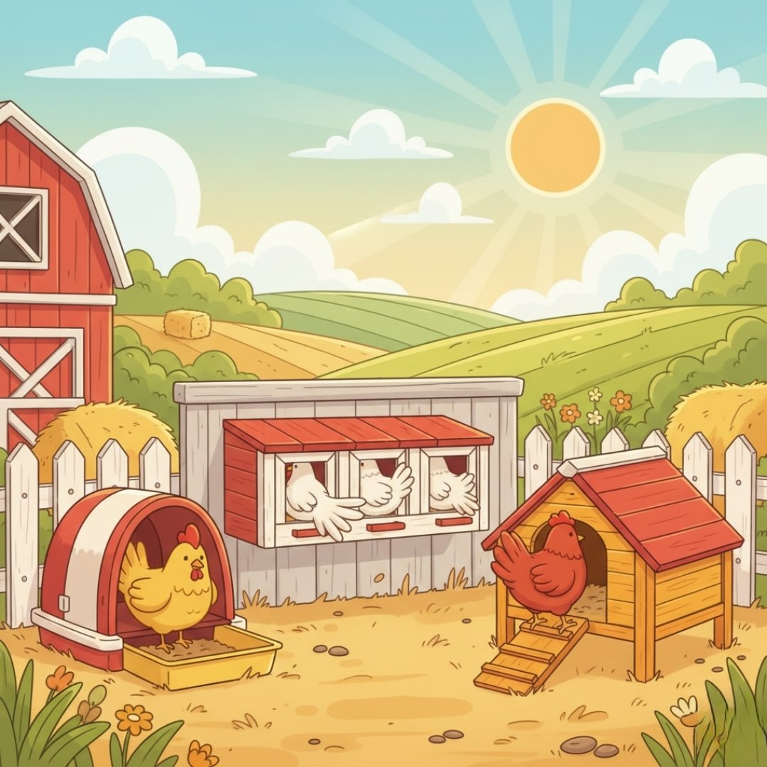 A cartoon farm scene showing hens exploring different nesting boxes, including a rollaway box, wall mounted box, and wooden A-frame box in a full outdoor setting.