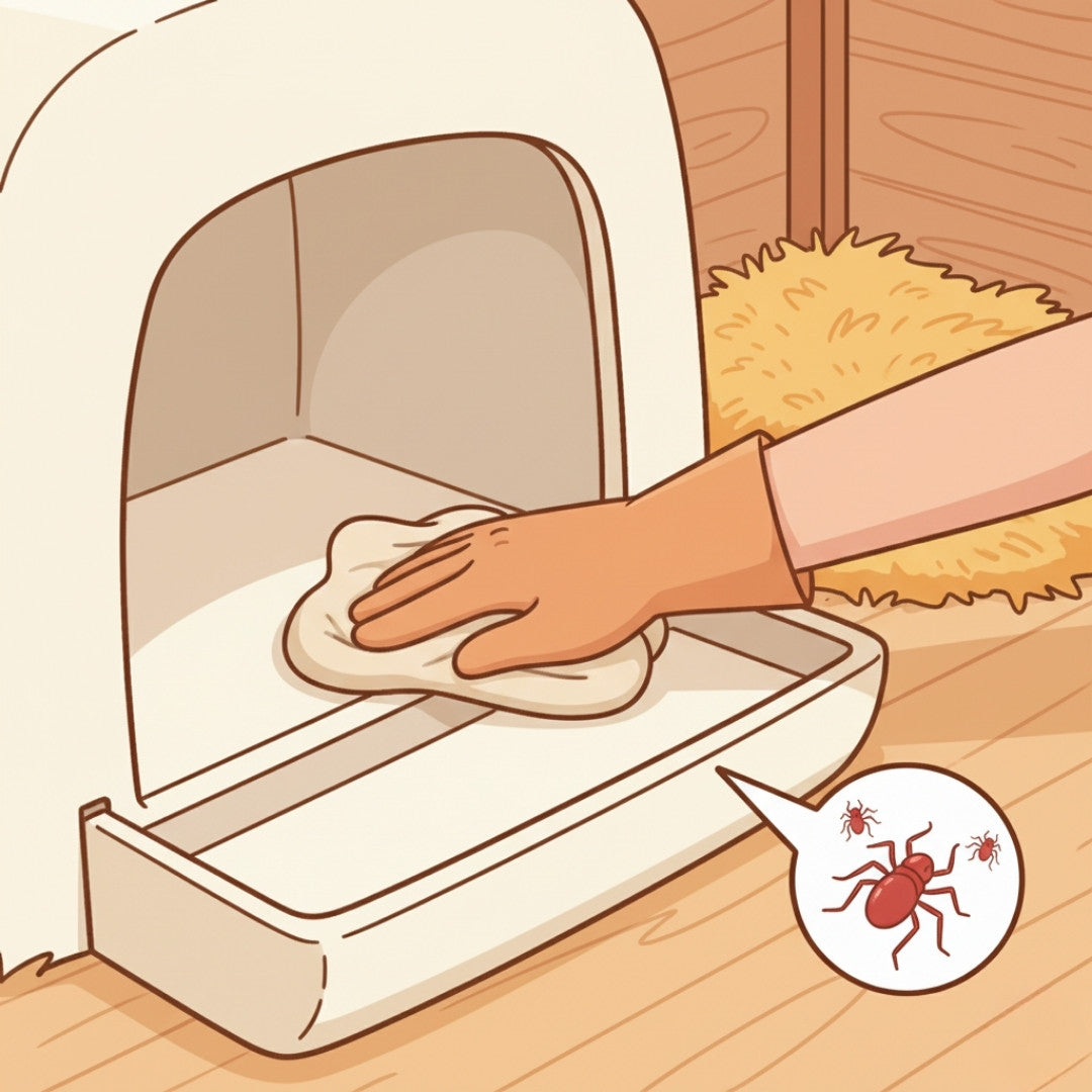 A cartoon illustration of a plastic nesting box being cleaned with fresh bedding and a small magnified view of red mites to show hygiene and maintenance.