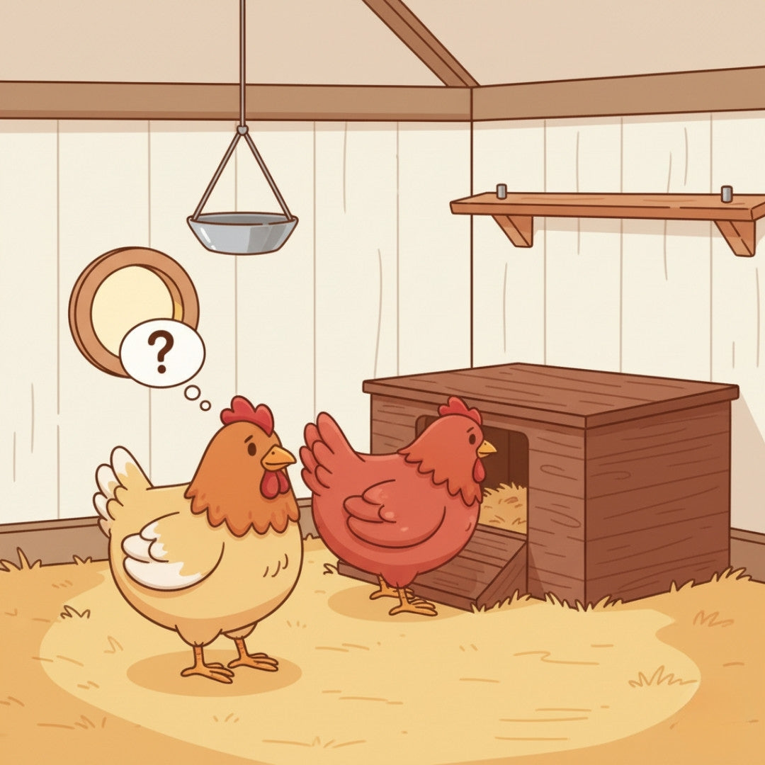 A cartoon scene of hens choosing between floor spots and a quiet elevated nesting box in a coop, illustrating common reasons hens avoid nest boxes.
