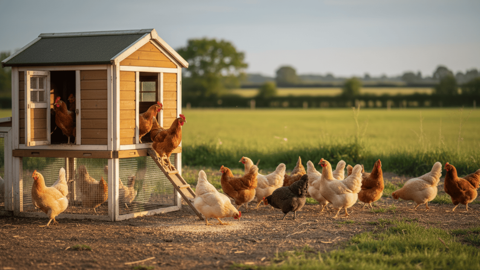 Hens gathered around a chicken coop in a rural setting with green fields.