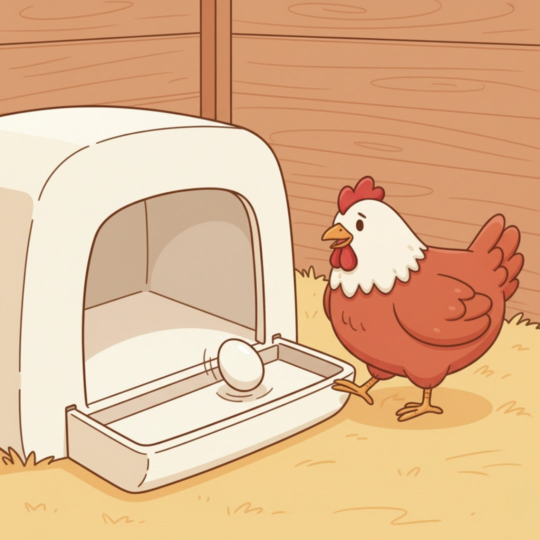 A cartoon rollaway nesting box with an egg safely rolling into a covered tray while a hen looks on, showing how rollaway designs prevent egg eating and breakage.