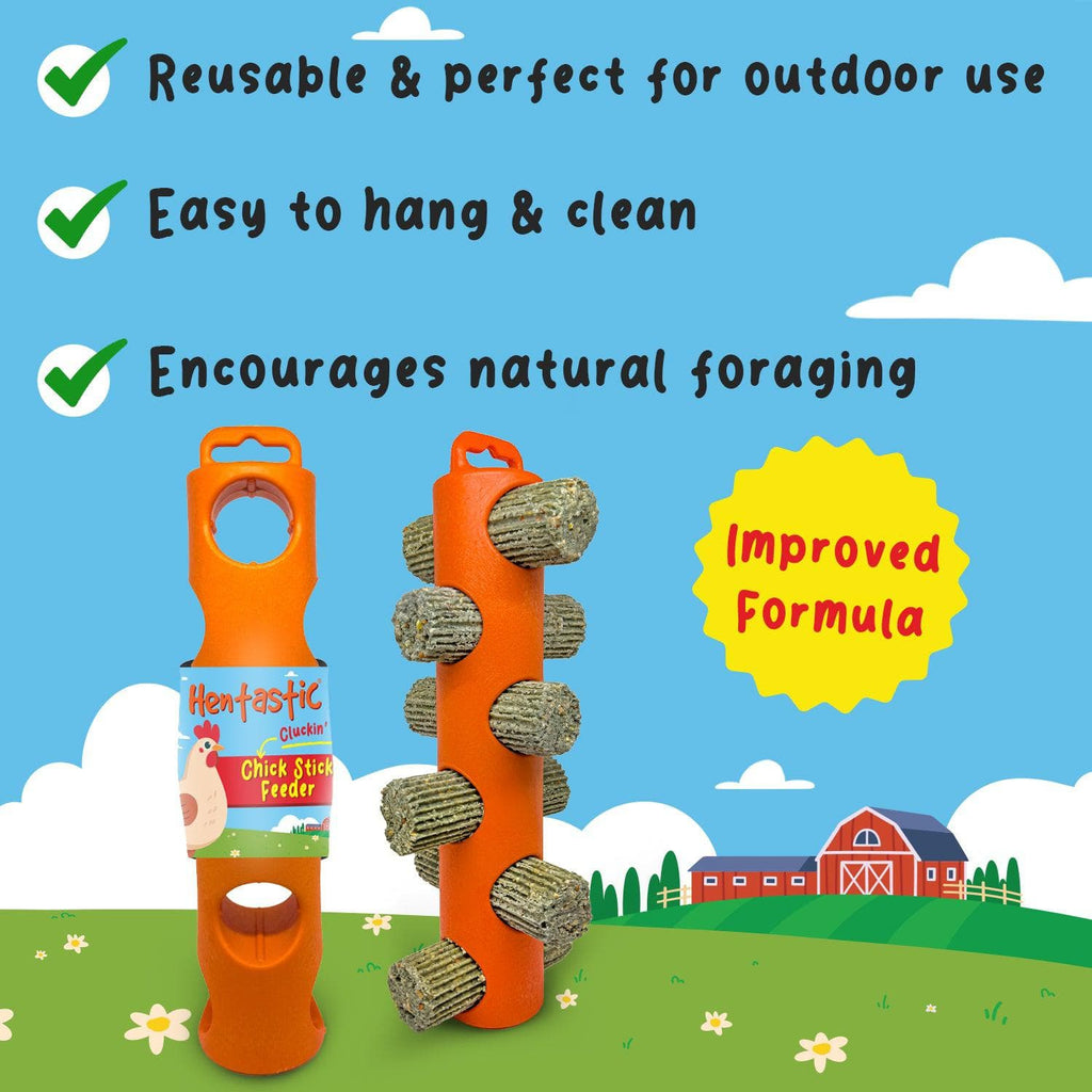 Feeder holder next to a loaded stick feeder with six chick stick treats attached