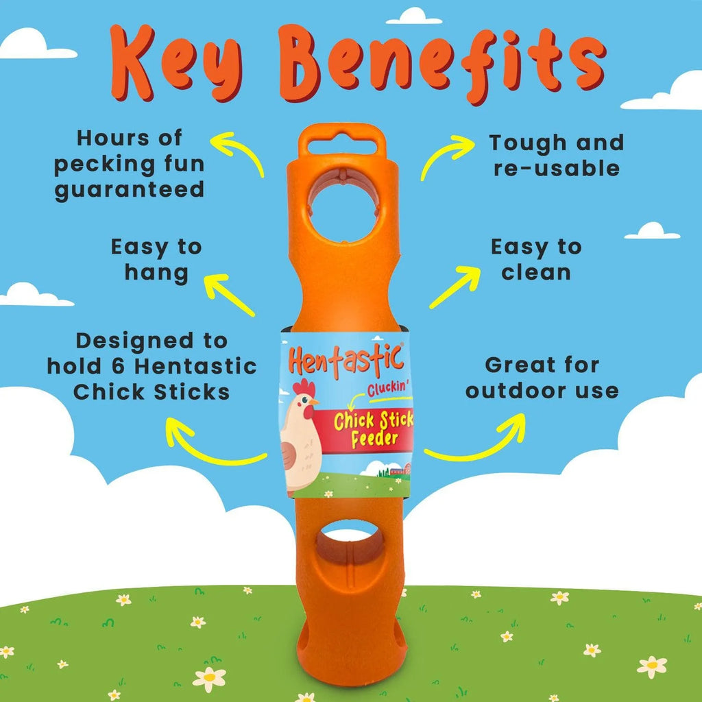 Infographic listing key benefits of the reusable Hentastic Chick Stick Feeder