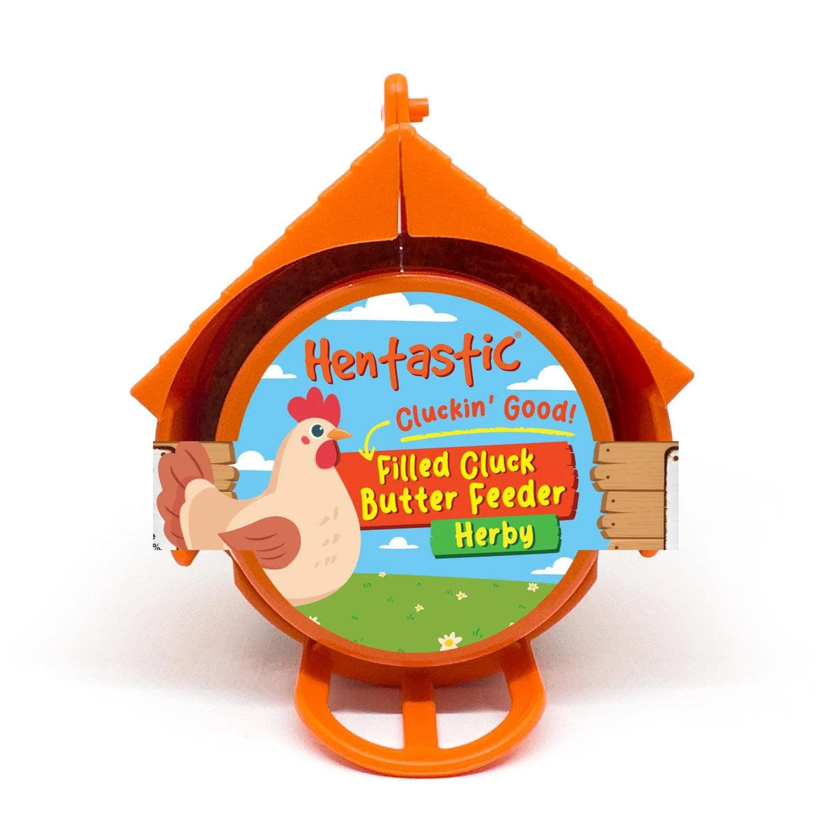 Round orange Hentastic Filled Cluck Butter Feeder with herby suet cake inside