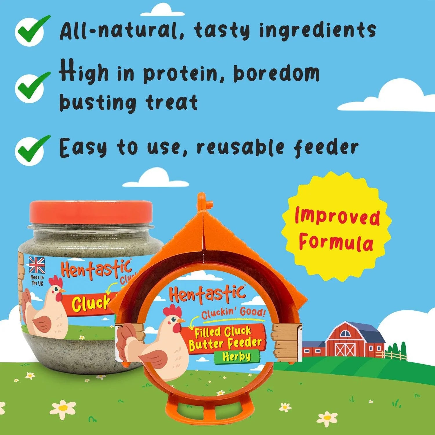 Checklist graphic of feeder benefits beside a jar and the cluck butter feeder