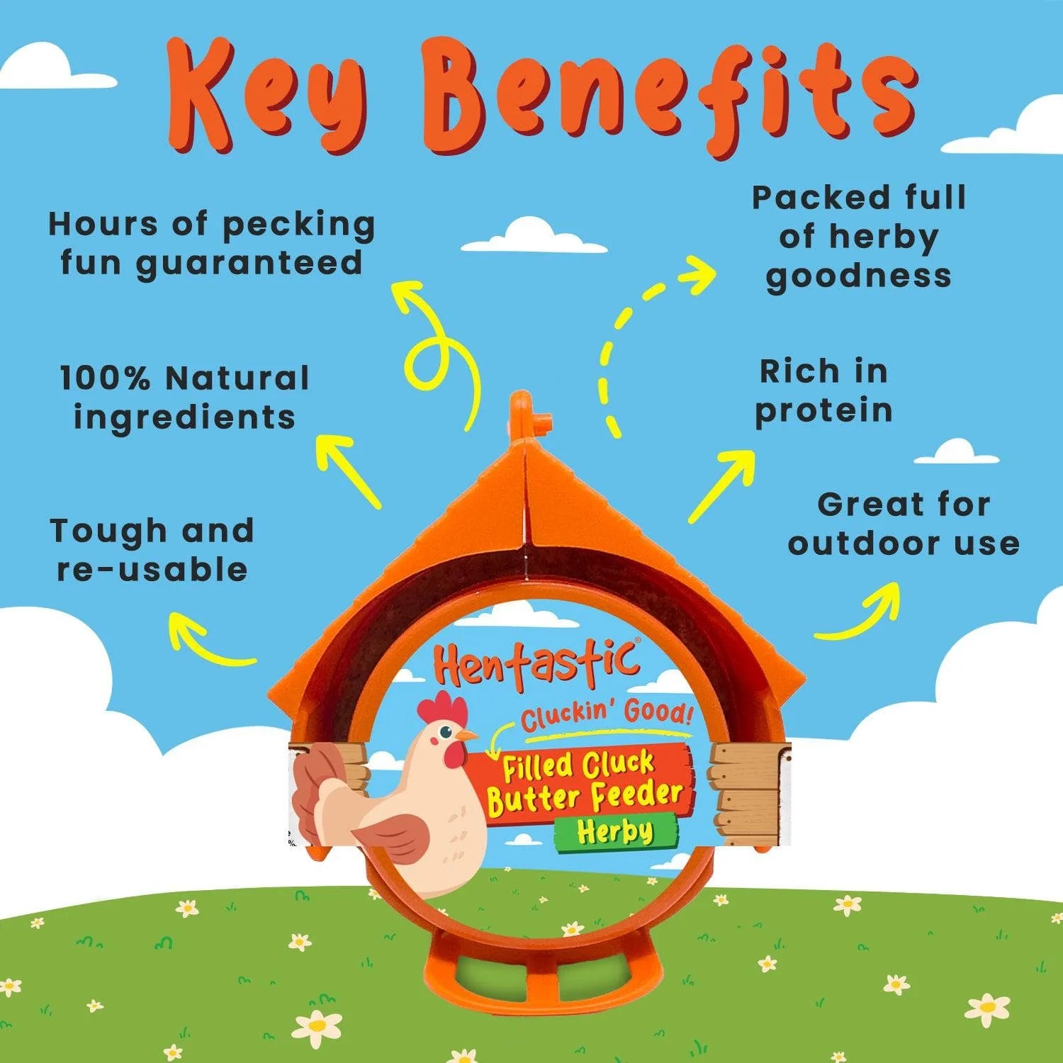 Infographic listing key benefits around the orange cluck butter feeder ring